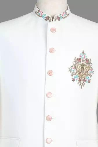Ivory white embroidered bandhgala suit for men