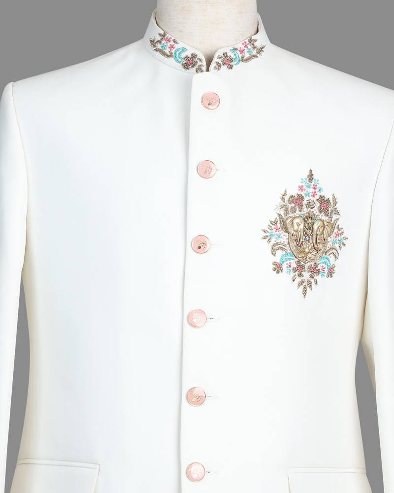 Ivory white embroidered bandhgala suit for men