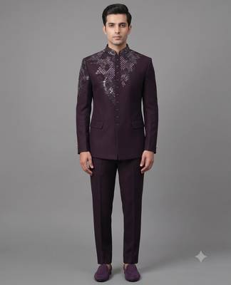 Deep wine embroidered bandhgala suit for men 1