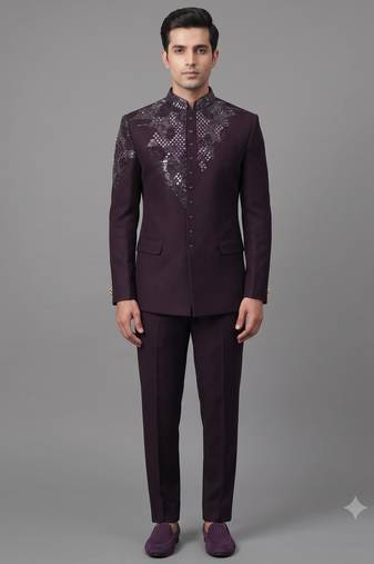 Deep wine embroidered bandhgala suit for men