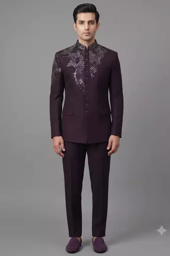 Deep wine embroidered bandhgala suit for men