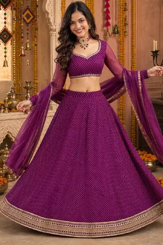 PURPLE LEHERIYA PRINT GEORGETTE LEHENGA CHOLI DUPATTA
