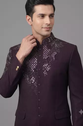 Deep wine embroidered bandhgala suit for men