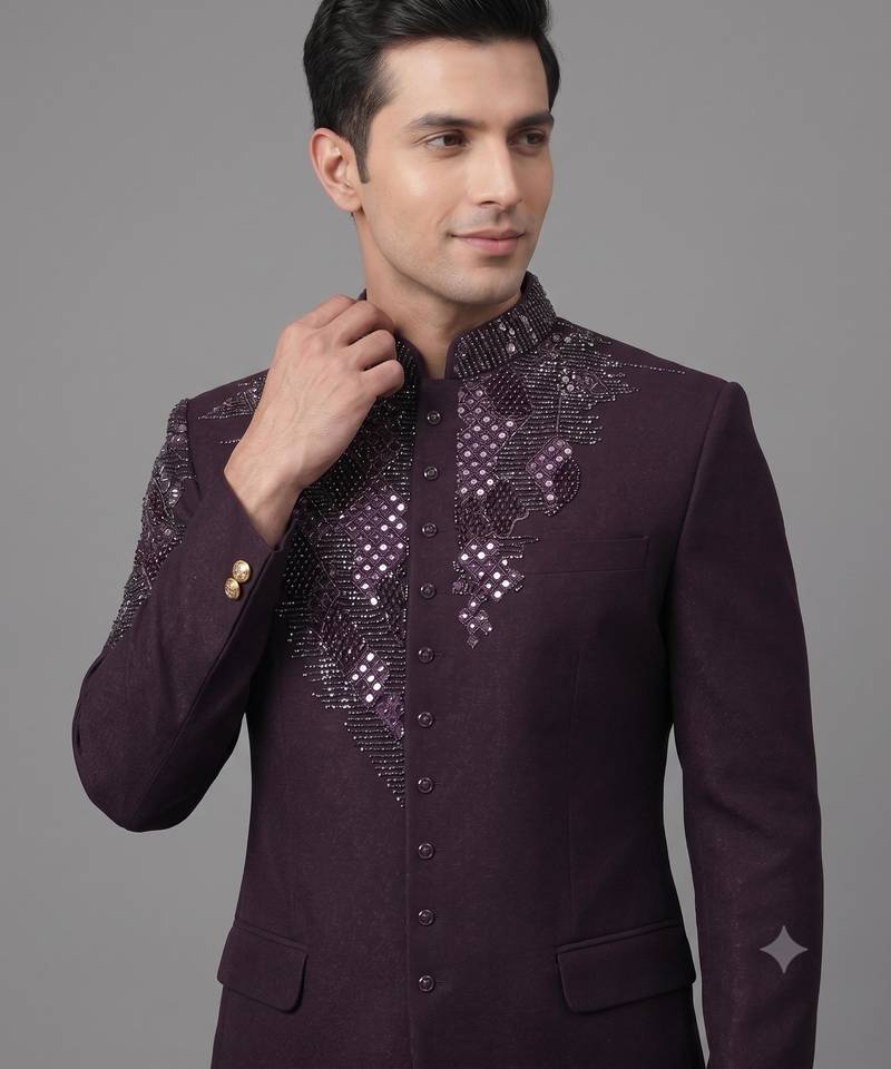 Deep wine embroidered bandhgala suit for men