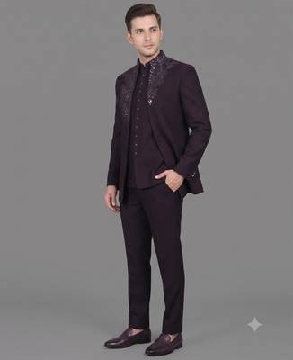 Deep wine embroidered open jodhpuri suit for men 1