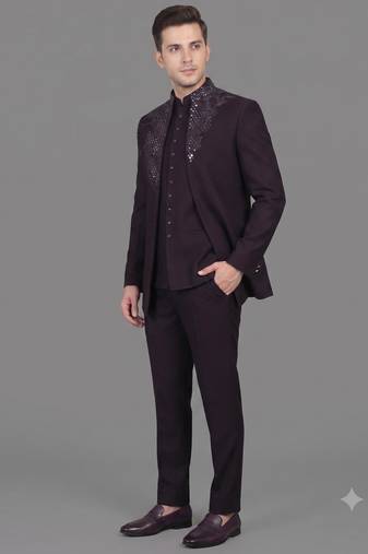 Deep wine embroidered open jodhpuri suit for men