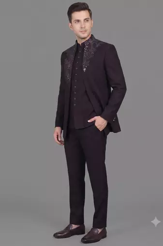 Deep wine embroidered open jodhpuri suit for men