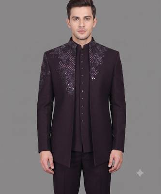 Deep wine embroidered open jodhpuri suit for men 2