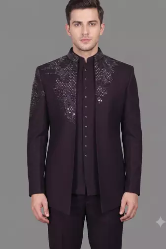Deep wine embroidered open jodhpuri suit for men