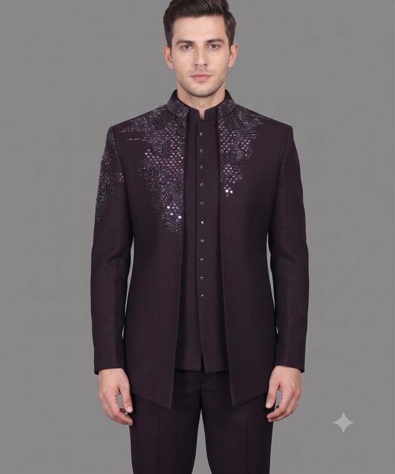 Deep wine embroidered open jodhpuri suit for men