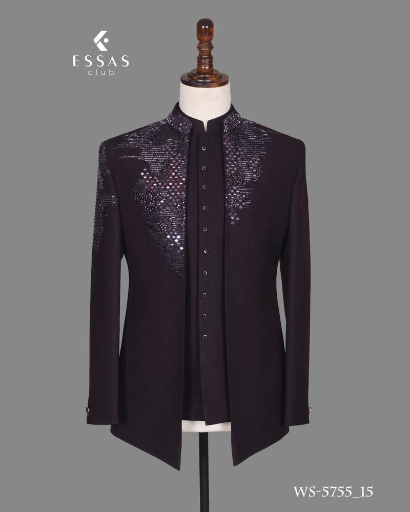 Deep wine embroidered open jodhpuri suit for men
