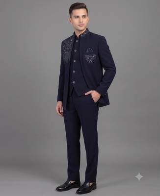 Navy blue embellished open jodhpuri suit for men 1