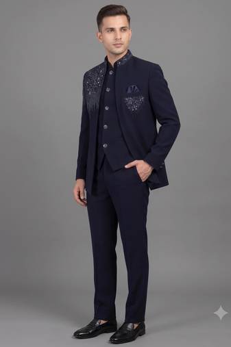 Navy blue embellished open jodhpuri suit for men
