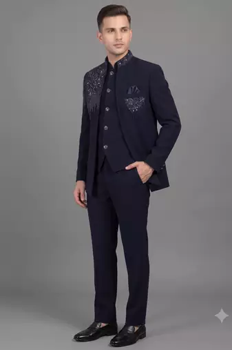 Navy blue embellished open jodhpuri suit for men