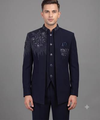 Navy blue embellished open jodhpuri suit for men 2