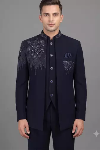 Navy blue embellished open jodhpuri suit for men