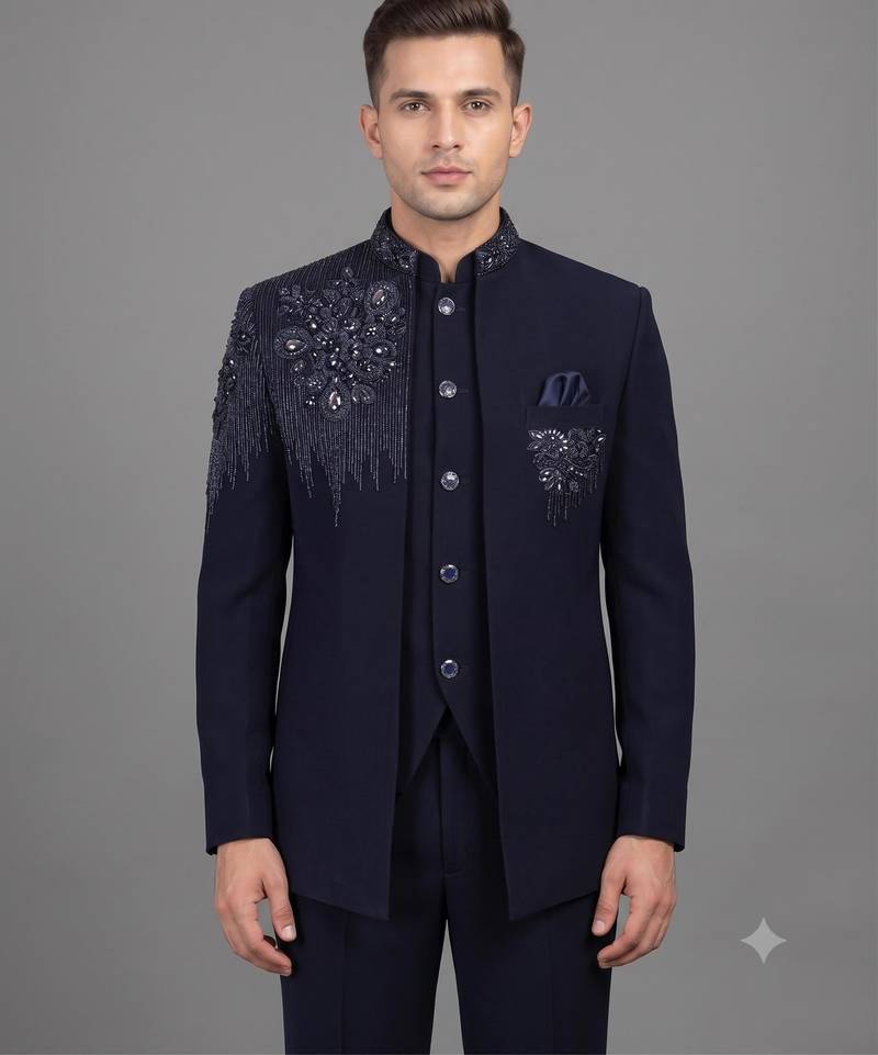 Navy blue embellished open jodhpuri suit for men