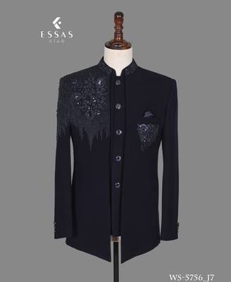 Navy blue embellished open jodhpuri suit for men 3