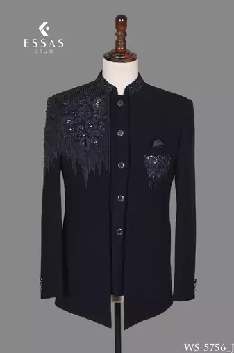 Navy blue embellished open jodhpuri suit for men