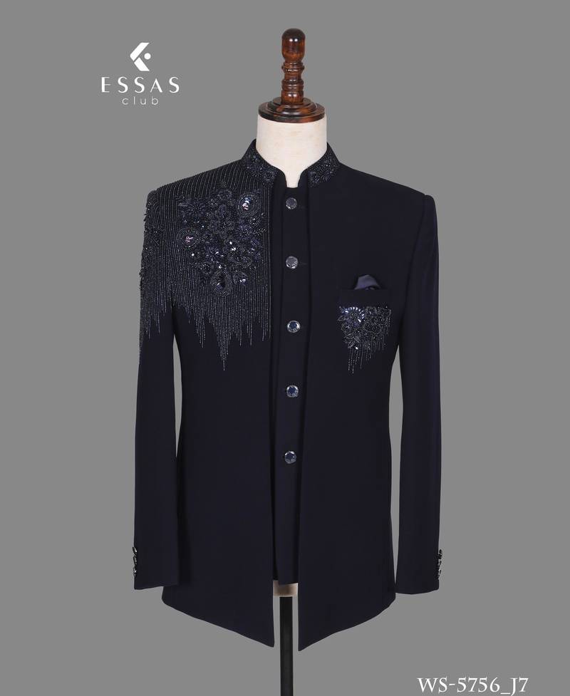 Navy blue embellished open jodhpuri suit for men