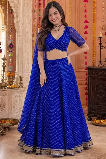 BLUE LEHERIYA PRINT GEORGETTE LEHENGA CHOLI DUPATTA