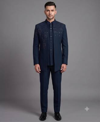Peacock blue embroidered open jodhpuri suit for men 1
