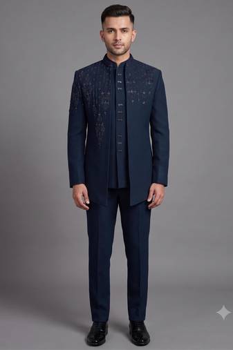 Peacock blue embroidered open jodhpuri suit for men