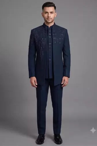 Peacock blue embroidered open jodhpuri suit for men
