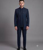 Peacock blue embroidered open jodhpuri suit for men