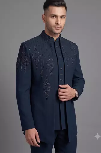 Peacock blue embroidered open jodhpuri suit for men