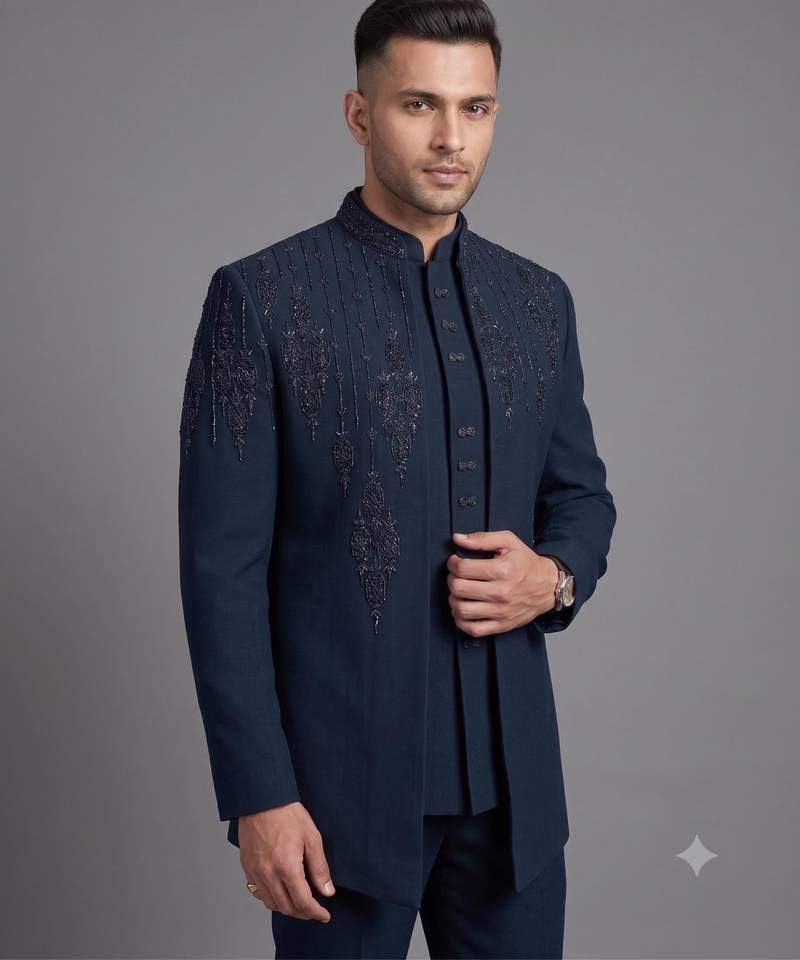 Peacock blue embroidered open jodhpuri suit for men