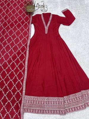 Red vichitra silk embroidery party wear anarkali  gown 5