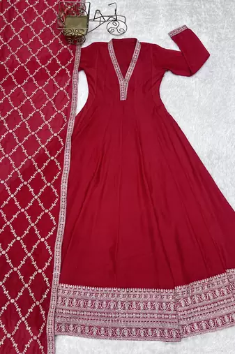 Red vichitra silk embroidery party wear anarkali  gown