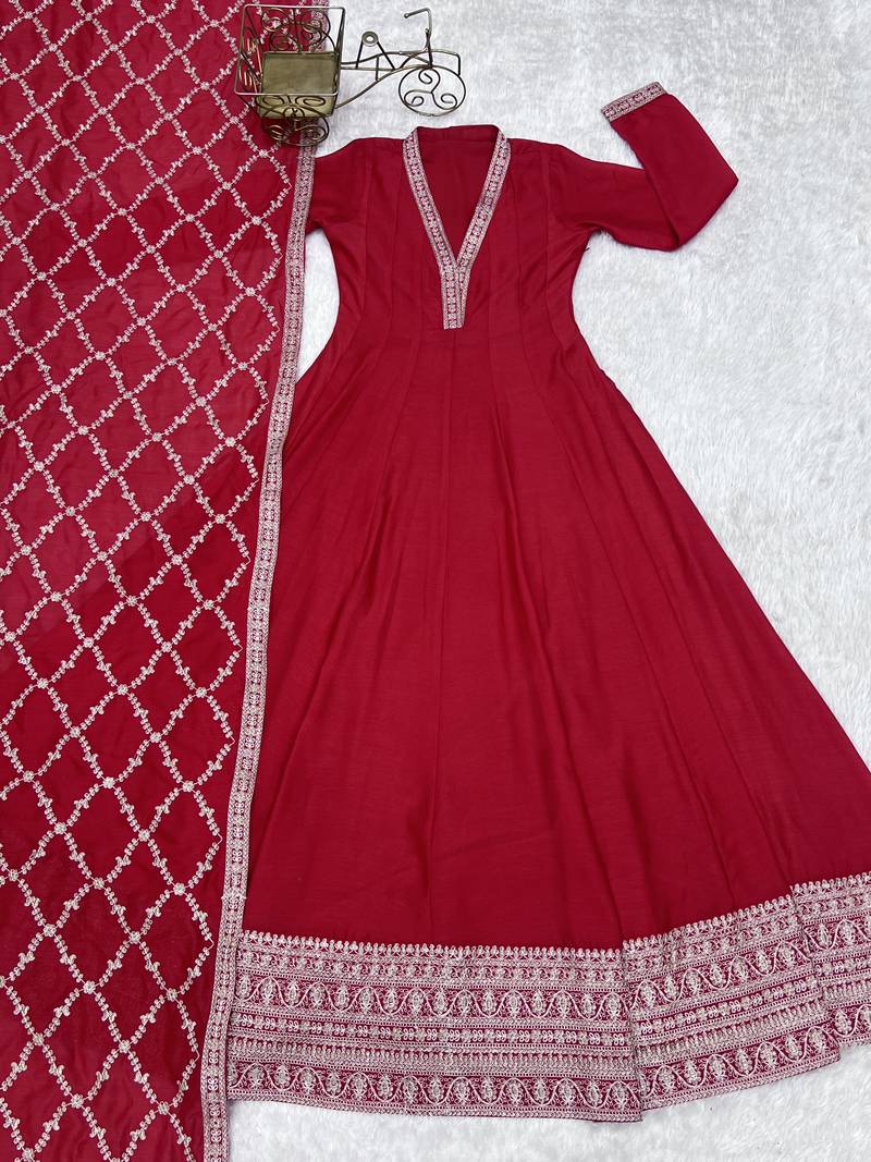 Red vichitra silk embroidery party wear anarkali  gown