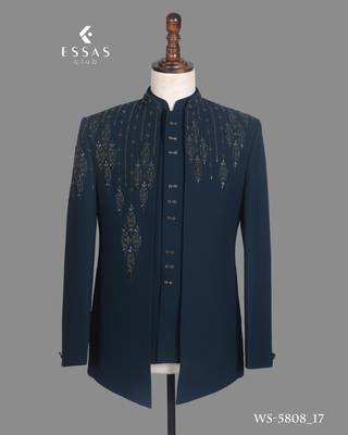 Peacock blue embroidered open jodhpuri suit for men 3