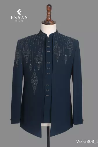 Peacock blue embroidered open jodhpuri suit for men