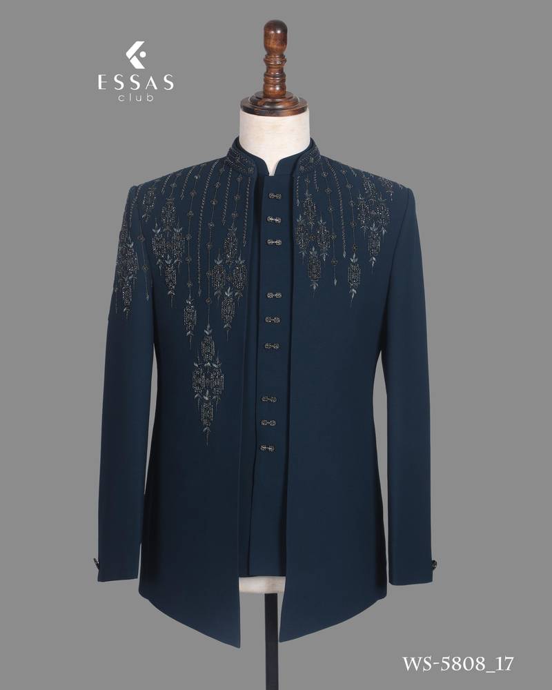 Peacock blue embroidered open jodhpuri suit for men