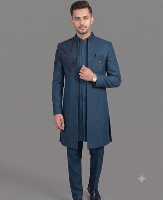 Peacock blue embroidered open indowestern suit for men 1