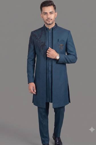Peacock blue embroidered open indowestern suit for men