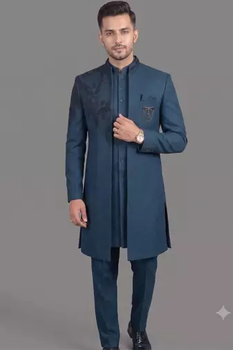 Peacock blue embroidered open indowestern suit for men
