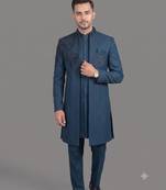Peacock blue embroidered open indowestern suit for men