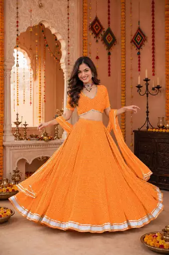 ORANGE LEHERIYA PRINT GEORGETTE LEHENGA CHOLI DUPATTA