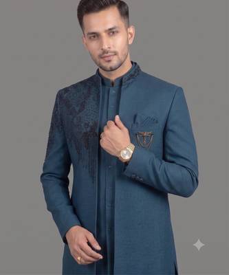 Peacock blue embroidered open indowestern suit for men 2