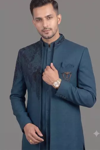 Peacock blue embroidered open indowestern suit for men