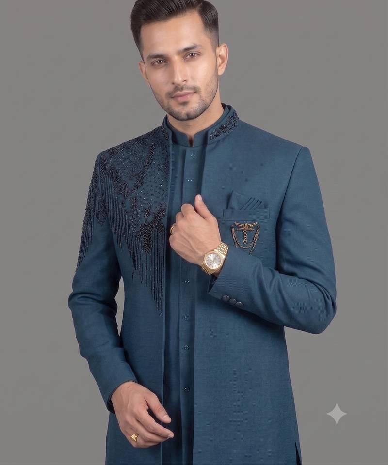 Peacock blue embroidered open indowestern suit for men