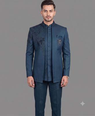 Peacock blue embroidered open jodhpuri suit for men 1