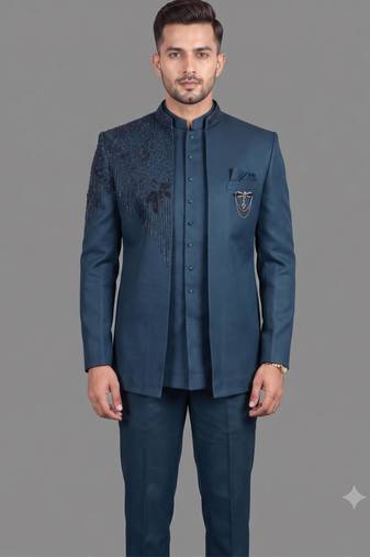 Peacock blue embroidered open jodhpuri suit for men