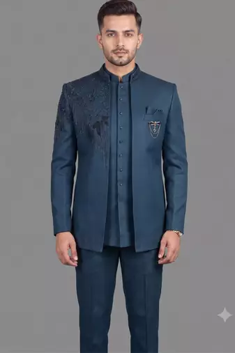 Peacock blue embroidered open jodhpuri suit for men