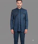 Peacock blue embroidered open jodhpuri suit for men