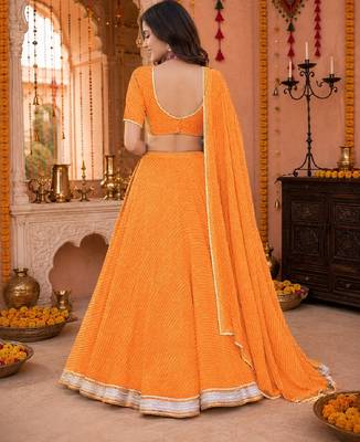 ORANGE LEHERIYA PRINT GEORGETTE LEHENGA CHOLI DUPATTA 6
